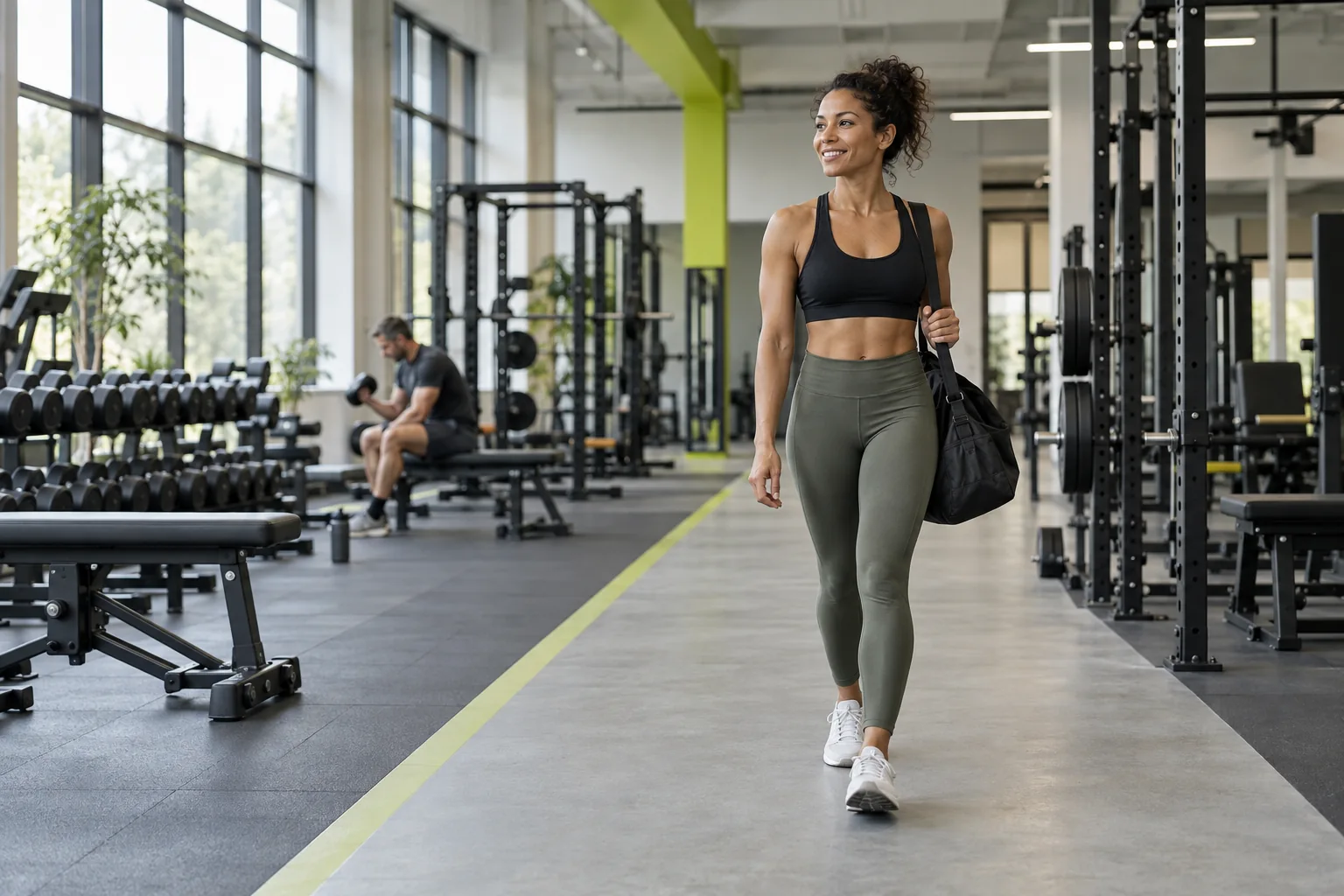 KI-generierte Markenvisualisierung eines hellen Fitnessstudios mit klaren Wegen und limettenfarbenen Akzenten.